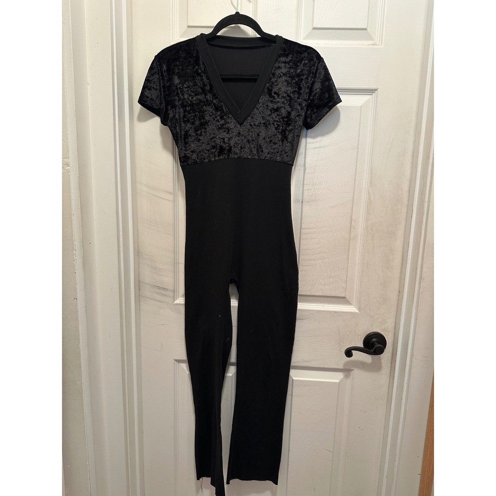 Black Crushed Velvet V-Neck Unitard Jumpsuit Liberts Dance Fashions Medium Adult